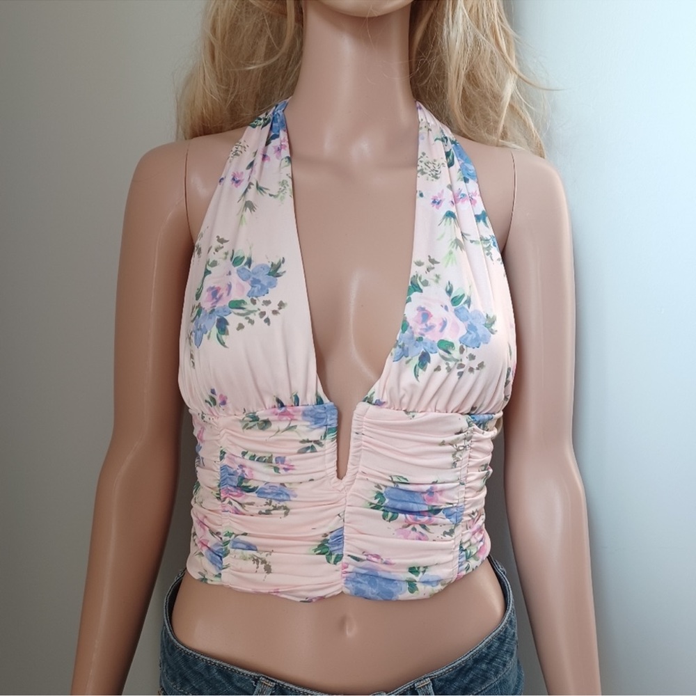 NWT Zara silky floral crop halter corset top S